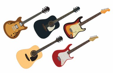 Farklı türde gitarlar. İzole et. Vektör el tam renk çiziyor