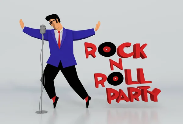 Иллюстрация Rock Roll Party Стильный Старинный Парень Микрофоном Векторный Ручной — стоковое фото