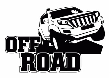 Logo off road. Yüksek haçlı çizilmiş bir araba. Siyah ve beyaz vektör grafikleri