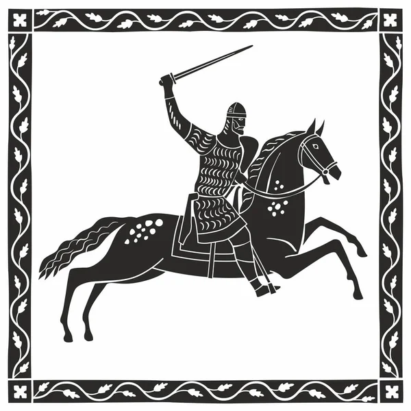 Silhouette Knight Galloping Horse Decorative Graphics Stylization Medieval Miniatures Vector — Stock Vector