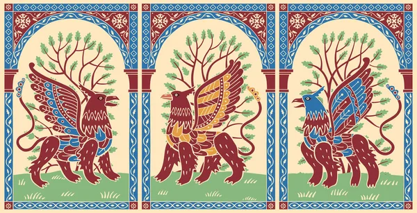 Decorative Triptych Fantastic Griffins Stylization Medieval Illustration — Stock Vector