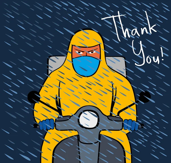 Corriere Uno Scooter Maschera Protettiva Trasporta Merci Sotto Pioggia Vista — Vettoriale Stock