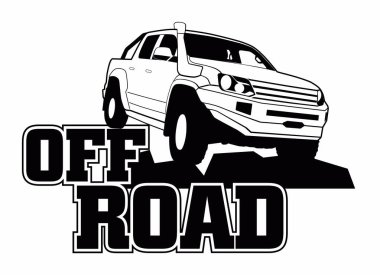 Logo off road. Siyah ve beyaz el yapımı kros arabası ve mektuplar. Modern kamyonet.