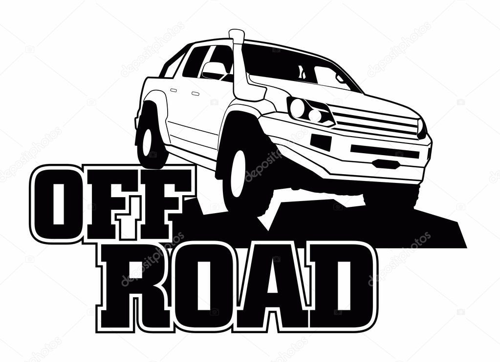 Logo Off Road. Black and white hand-drawn cross-country car and letters. Modern pickup truck