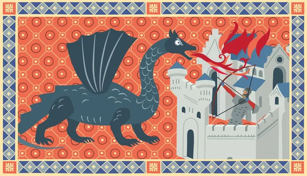 Ejderha şehri yakıyor. Kırmızı arka planda ortaçağ kitap illüstrasyonu. Tarihi bir minyatür altında stilize etme