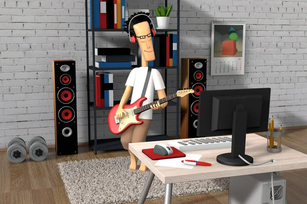 3D illustration. Cute cartoon guy at home playing an electric guitar in front of a computer. 3D modeling