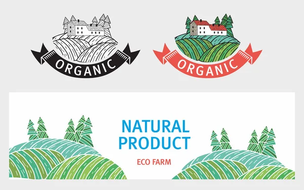 Rohlinge Für Etiketten Eco Farm Natural Product Stilisierte Dekorative Wälder — Stockvektor