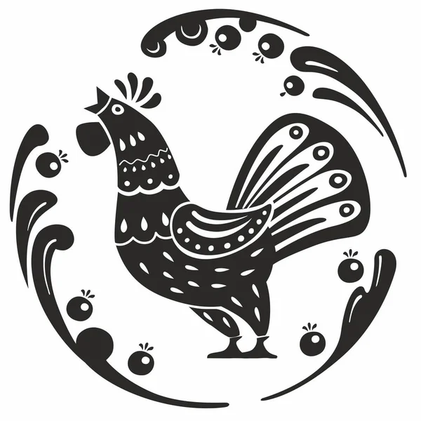 Rooster Folk Graphics Style Russian Historical Painting Vector Black White — Stock Vector