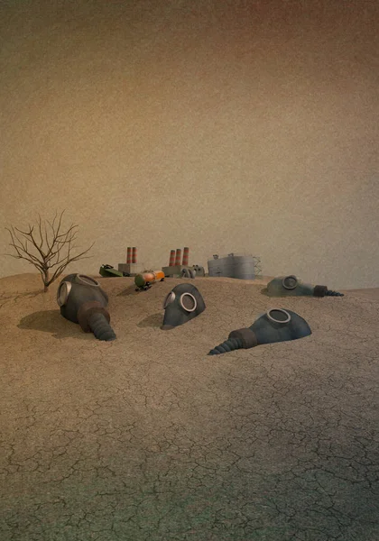 3d illustration post-apocalypse. In the desert, the remains of a ruined economy. Old gas masks in the foreground. Place for text