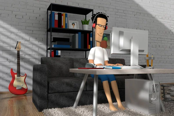 3d illustration remote work at home. Cartoon character guy works at home at the computer. 3D modeling