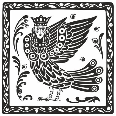 Efsanevi kuş kızı Sirin 'in siyah beyaz çizimi. Ortaçağ minyatürünün stilize edilmesi