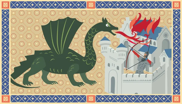 Dragon Burns City Medieval Book Illustration Stylization Historical Miniature — Stock Vector