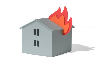 3 boyutlu illüstrasyon. Küçük bir oyuncak evi yanıyor. Sigortalı bir olay için 3D simge. 3d modelleme