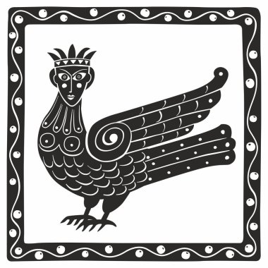 Mitolojik kuş kızı Sirin. Ortaçağ minyatürünün stilize edilmesi. Vektör illüstrasyonu