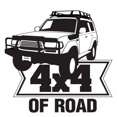 4x4 'lük bir SUV kulübünün amblemi. Araba ve harfler çizilmiş. Siyah ve beyaz vektör grafikleri