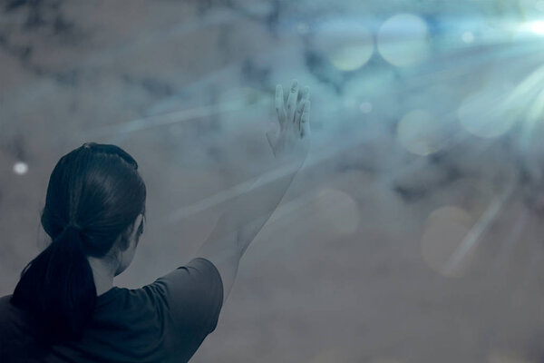 Christian worship God in Church hall and light bokeh effected.