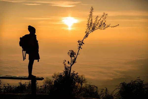 Silhouette d'une jeune fille sur un sommet de montagne . — Photo