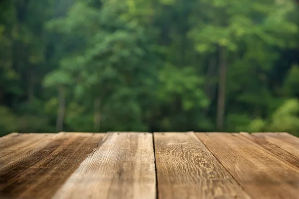 Brown Wood Table Top Green Blur Abstract Background Bokeh Background — Stock Photo, Image