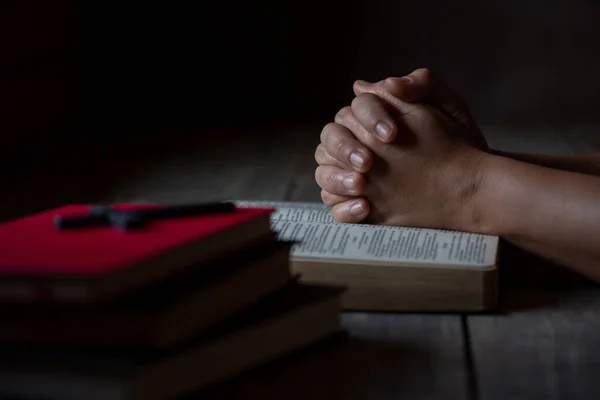 Praying Hands Woman Burred Page Old Bible Wooden Table Background — Stock Photo, Image