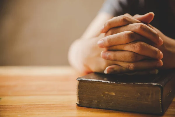 Praying Hands Man Old Bible Wooden Table Background Christianity Concept — Stock Photo, Image