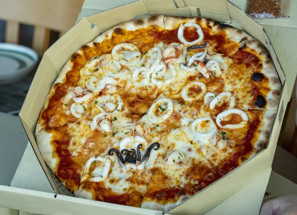 Frutos Mar Pizza Italiana Aberto Pizzaria Brown Box — Fotografia de Stock