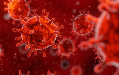 corona virus 2019-ncov flu outbreak, microscopic view of floating influenza virus in blood, SARS pandemic risk concept, 3D rendering illustration clipart