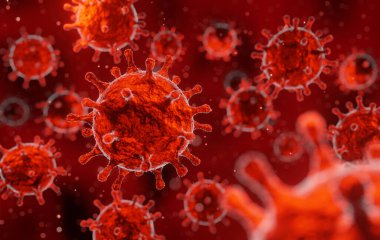 Corona virüsü 2019-ncov gribi salgını, kandaki mikroskobik grip virüsü, Sars salgını risk konsepti, 3 boyutlu tıbbi çizim