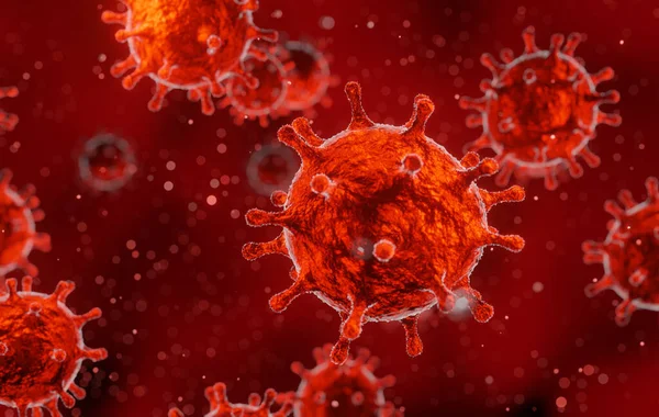 コロナウイルス2019 Ncvインフルエンザ発生 血液中の浮遊インフルエンザウイルスの顕微鏡観察 Sarsパンデミックリスクコンセプト 3Dレンダリング医学的背景 — ストック写真