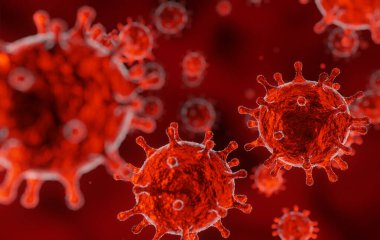 Corona virüsü 2019-ncov gribi salgını, kırmızı kan içinde yüzen virüsün mikroskobik görünümü, koronavirüs salgını konsepti, tıbbi geçmişi 3D