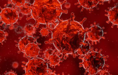 Corona virüsü 2019-ncov gribi salgını, kırmızı kan arkaplanındaki mikroskobik virüs görüntüsü, koronavirüs salgını konsepti, 3D