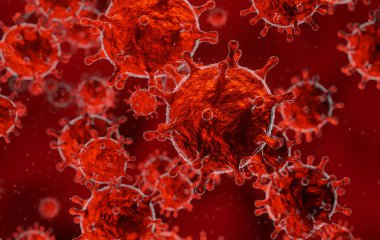 corona virus 2019-ncov flu outbreak, microscopic view of floating virus in red blood background, coronavirus pandemic concept, 3D rendering clipart