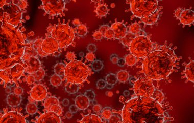 Corona virüsü 2019-ncov gribi salgını, kırmızı kan arkaplanındaki mikroskobik virüs görüntüsü, koronavirüs salgını konsepti, 3D