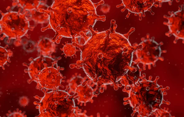 Corona Virüsü 2019 Ncov Gribi Salgını Kırmızı Kan Arkaplanındaki Mikroskobik — Stok fotoğraf