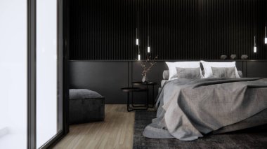 Modern lüks yatak odasının içinde mermer duvar, arka plan 3D görüntüleme