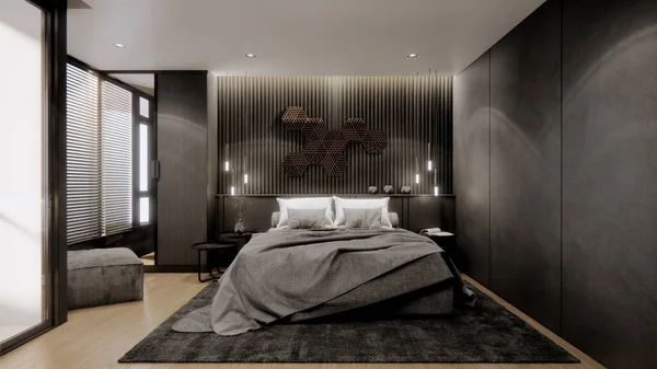 Interior Kamar Tidur Hitam Modern Dengan Tempat Tidur Ganda Render — Stok Foto