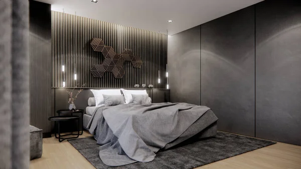 ダブルベッド 3Dレンダリングの背景を持つモダンなベッドルームのインテリアデザイン — ストック写真