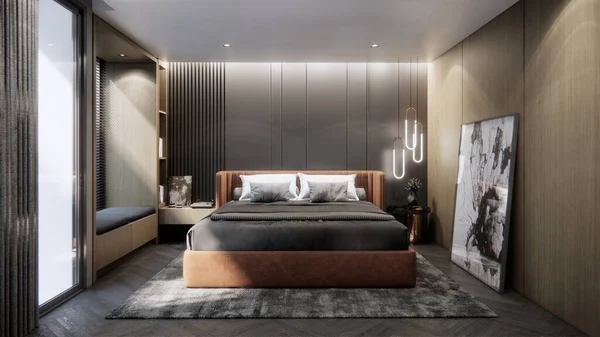 Interior Kamar Tidur Mewah Modern Dengan Dinding Marmer Latar Belakang — Stok Foto
