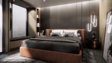 Modern lüks yatak odası, dönen çekim, video ultra Hd 4k 3840x2160, 3d animasyon