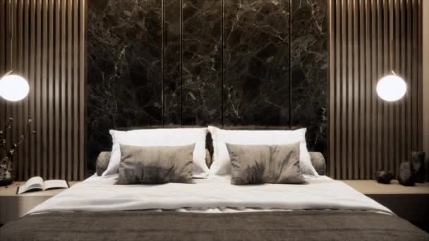 Interior of luxury bedroom with furniture , zoom out shot, video ultra HD 4K 3840x2160, 3D animation — Stock Footage Interior Luxury Bedroom Furniture Zoom Out Shot Video Ultra 3840X2160 Video Clip