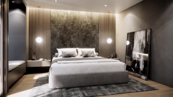 Interior Luxury Bedroom Furniture Rotating Shot Video Ultra 3840X2160 Animation — Stock Video