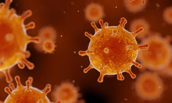 コロナウイルス2019 Ncvインフルエンザ発生 浮遊インフルエンザウイルス細胞の顕微鏡観察 Sarsパンデミックリスクコンセプト 3Dレンダリング背景 黄色とオレンジの色 — ストック写真