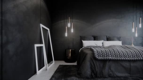 Interior Modern Black Bedroom Bright Light Pan Right Shot Video — Stock Video