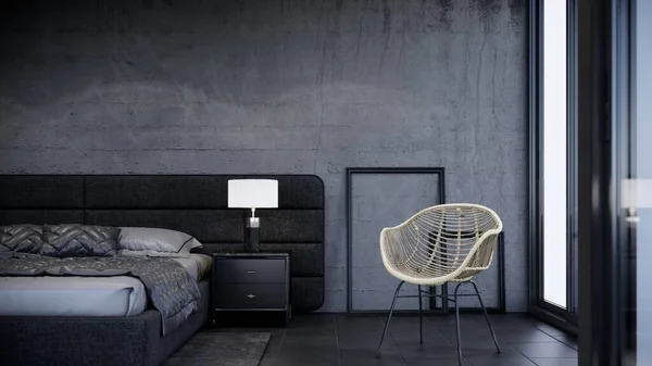 Concept Chambre Noire Avec Design Intérieur Loft Moderne Fond Rendu — Photo