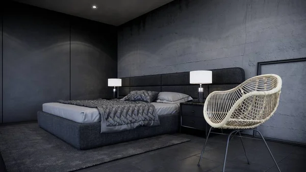 Schwarzes Schlafzimmer Interieur Mit Modernem Loft Stil Rendering Hintergrund — Stockfoto