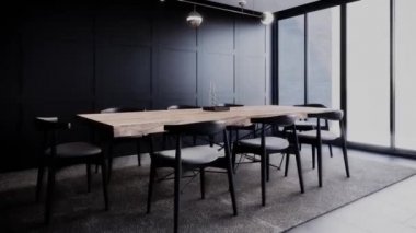 Yemek odası iç tasarımı, modern tarz kafe, döner çekim, video ultra HD 4K 3840x2160, 3D animasyon