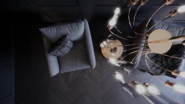 現代的な部屋のインテリアデザイン現代的なカフェのコンセプト鳥の目のビューパン右ショットビデオ4K 3Dアニメーション — ストック動画