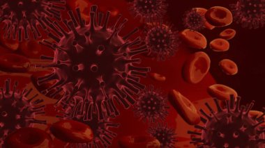 Corona virüsü 2019-ncov gribi salgını, kanda yüzen virüs hücrelerinin mikroskobik görünümü, Covid-19 konsepti, 3 boyutlu canlandırma arka plan