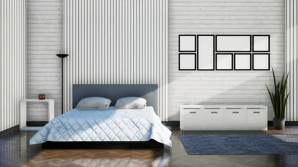Innenarchitektur Des Weißen Schlafzimmers Mit Möbeln Moderner Skandinavischer Stil Rendering — Stockfoto