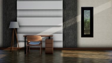 modern çalışma odası. Sandalyesi ve masası var. 3D görüntüleme arkaplanı.