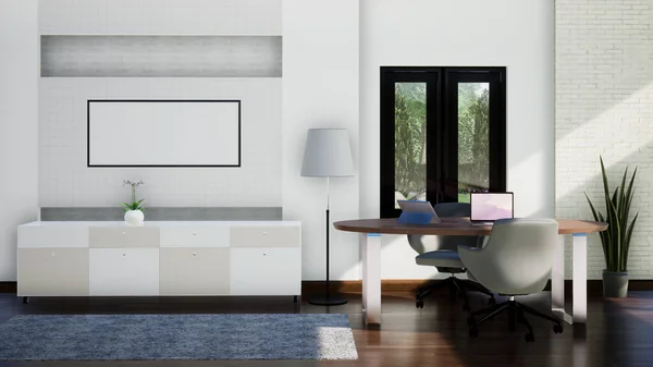 現代的な白い作業室のインテリア3Dレンダリングの背景 — ストック写真